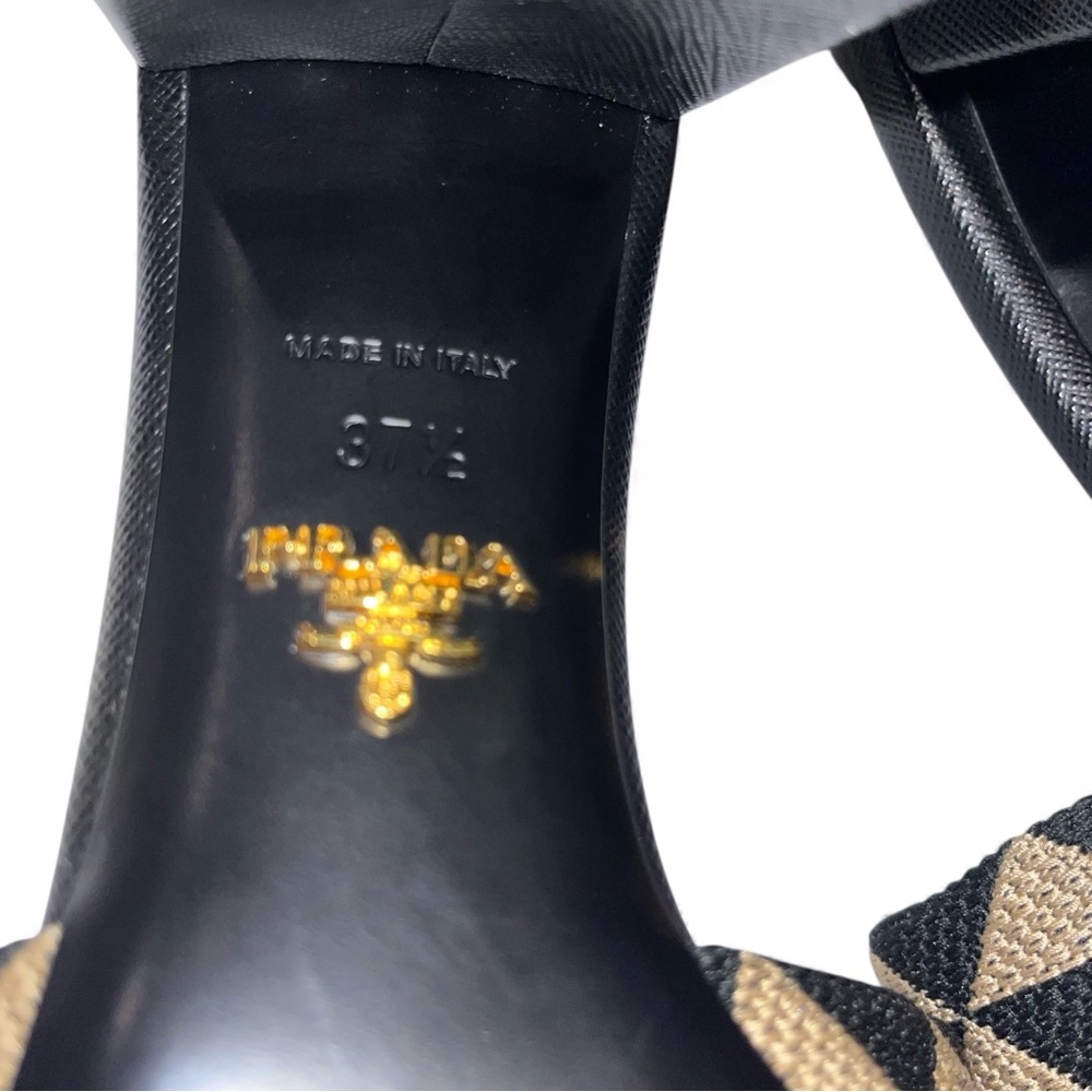 Prada Black Tan Slide Sandals Heeled Mules Jacquard Triangolo Open Toe 7.5 🟡 - Picture 11 of 13